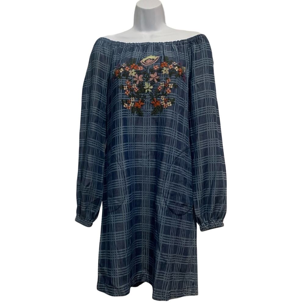NWT Tru Luxe Blue Plaid Embroidered Off The Shoulder Dress XS Chambray